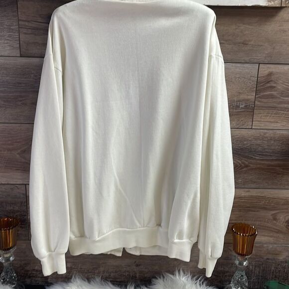 Ladies Button Up Cardigan Jacket, Size Large, White with Birds and Floral Design - Picture 12 of 12